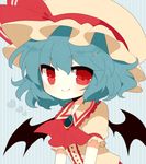  ascot bad_id bad_pixiv_id bat_wings black_wings blouse blue_background blue_hair bow brooch fang haru_(kyou) hat hat_bow jewelry looking_at_viewer puffy_sleeves red_eyes remilia_scarlet short_hair smile solo striped striped_background touhou wings 