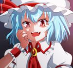  ascot blue_hair e.o. face hat hat_ribbon highres open_mouth red_eyes remilia_scarlet ribbon short_hair solo touhou wrist_cuffs 