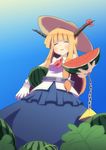  blonde_hair blush bow chain closed_eyes food fruit hat horns hujikok ibuki_suika leaf long_hair open_mouth sky sleeveless solo sweatdrop touhou watermelon 