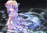  capelet crescent hat long_hair long_sleeves partially_submerged patchouli_knowledge purple_eyes purple_hair ripples sitting solo sugiyuu touhou very_long_hair water wide_sleeves 