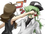  1boy 1girl blood brown_hair from_behind green_hair hat n_(pokemon) pokemon pokemon_(game) pokemon_bw punch punching simple_background touko_(pokemon) turizao white_background 