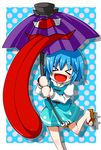  &gt;_&lt; :d blue_hair blush closed_eyes eichi_yuu eyes highres karakasa_obake long_sleeves open_mouth puffy_sleeves purple_umbrella short_hair smile solo tatara_kogasa touhou umbrella xd 