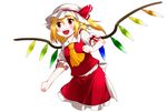  :d ascot blonde_hair blush crystal eichi_yuu flandre_scarlet hat hat_ribbon no_legs open_mouth puffy_sleeves red_eyes ribbon short_hair short_sleeves side_ponytail simple_background smile solo touhou white_background wings 