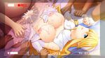  1girl 4boys bed blonde_hair blue_eyes breasts camera censored cum cum_on_body cum_on_breasts cum_on_clothes cum_on_upper_body ejaculation fat fat_man frill frills gakuen_taima game_cg gangbang group_sex hijirigaoka_lisa large_breasts legwear long_hair looking_at_viewer multiple_boys nipples panties panties_aside penis sex spread_legs stocking thighhighs underwear 