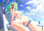  all_fours ass bikini brown_eyes chair green_hair looking_back lounge_chair original palm_tree ponytail short_hair solo swimsuit table takuya_kame tree 