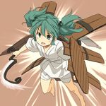  armor barefoot blush brown_background bucket energy_sword flying full_body green_eyes green_hair gundam hair_bobbles hair_ornament jetpack kisume mecha no_nose open_mouth parody shield short_hair simple_background sketch solo sword touhou weapon yudepii 