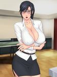  1girl breasts cleavage glasses highres large_breasts looking_at_viewer solo table yukijirushi_nyugyou yukijirushi_nyuugyou 