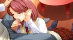  1boy 1girl censored eyes_closed fellatio frill frills gakuen_taima game_cg indoors kneeling necktie oral penis red_hair school_uniform short_hair skirt socks uniform 