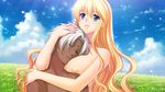  2girls blonde_hair blue_eyes blush breasts cloud dark_skin eyes_closed frill frills gakuen_taima game_cg hijirigaoka_lisa large_breasts long_hair looking_at_viewer multiple_girls nude outdoors short_hair sky white_hair 