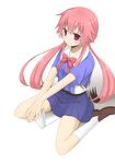  blush gasai_yuno long_hair mirai_nikki nyakelap pink_hair red_eyes simple_background sitting skirt smile solo very_long_hair wariza white_background 