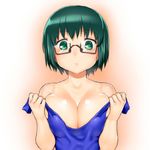  bare_shoulders blue_swimsuit breasts cleavage glasses green_eyes green_hair joshiraku kuurubiyuutei_gankyou large_breasts onsoku_maru semi-rimless_eyewear short_hair solo swimsuit under-rim_eyewear 