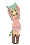  animal_ears arms_up boots cat_ears cat_tail dress full_body green_eyes green_hair hands_on_own_head long_hair original pappii paprika_shikiso solo standing tail tears transparent_background 