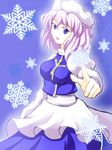  blue_eyes hat letty_whiterock long_sleeves open_mouth pointing puffy_sleeves purple_hair qontamblue short_hair snowflakes solo touhou 