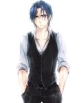  asagi-2580 bad_id bad_pixiv_id blue_eyes blue_hair fate/zero fate_(series) hands_in_pockets male_focus matou_byakuya solo vest waistcoat 