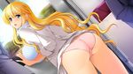  1girl 2boys ass blonde_hair blue_eyes blush breast_press breasts frill frills gakuen_taima game_cg hijirigaoka_lisa indoors large_breasts long_hair looking_back multiple_boys panties pink_panties skirt train underwear 