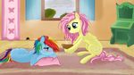  blue_fur blush bowl carpet cutie_mark duo equine female feral fluttershy_(mlp) friendship_is_magic fur hair horse inside mammal mouse_hole multi-colored_hair my_little_pony pegasus pillow pink_hair pony rainbow_dash_(mlp) rainbow_hair sick thermometer v-invidia window wings wood yellow_fur 