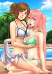  alternate_hairstyle arm_around_shoulder bikini blue_eyes breast_lift breasts brown_eyes brown_hair cleavage cloud day green_bikini large_breasts lens_flare lips long_hair looking_at_viewer megurine_luka meiko mouth_hold multiple_girls murasaki_(ekyu) nail_polish palm_tree pink_hair ponytail pool poolside project_diva_(series) project_diva_f sarong sarong_lift seductive_smile short_hair side_ponytail sitting sitting_on_lap sitting_on_person sky smile straddling strap_pull sun swimsuit swimwear_(module) tree twintails underboob vocaloid wariza white_bikini white_sarong 