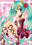  aqua_eyes aqua_hair blush detached_sleeves dress flower hair_flower hair_ornament hand_on_own_chest hatsune_miku high_heels hinako_(turip-turop) long_hair marker_(medium) pastel_(medium) project_diva_(series) project_diva_2nd romeo_to_cinderella_(vocaloid) shoes sitting smile solo traditional_media twintails very_long_hair vocaloid 
