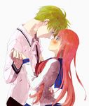  1girl blush couple daidouji_mayura dancing eye_contact face-to-face forehead-to-forehead green_eyes hetero holding_hands loki_(matantei_loki_ragnarok) long_hair looking_at_another matantei_loki_ragnarok pink_hair school_uniform serafuku short_hair yu_(kito) 