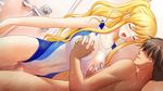  1boy 1girl bath blonde_hair breast_grab breasts censored eyes_closed frill frills gakuen_taima game_cg grabbing hijirigaoka_lisa large_breasts long_hair mixed_bathing nipples open_mouth penis see-through sex shower swimsuit water wet 