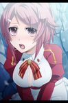  blush breasts cleavage hair_ornament keita_(tundereyuina) large_breasts lisbeth long_sleeves open_mouth pink_eyes pink_hair puffy_sleeves short_hair solo sword_art_online 
