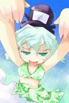  :p ayumi_tooru bikini_top green_eyes green_hair green_sarong hat highres outstretched_arms print_sarong sarong short_hair soga_no_tojiko solo swimsuit tate_eboshi tongue tongue_out touhou 