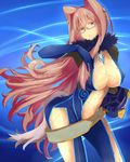  1girl animal_ears belt blue_background bodysuit book breasts brown_hair cat_ears cat_tail cleavage elbow_gloves fur glasses gloves highres long_hair presa_(tales) preza purple_eyes tail tales_of_(series) tales_of_xillia 