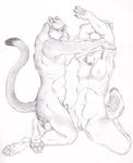  anthro arms_above_head black_and_white breasts butt canine claws cougar couple dog feline female flaccid hindpaw husky kneeling male mammal monochrome nipples paws penis pussy semiotica sheath smile spreading straight thighs undressing 