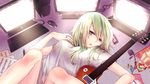  absurdres bad_id bad_pixiv_id green_eyes green_hair guitar gumi highres instrument looking_at_viewer lying on_back saya7 short_hair solo vocaloid 
