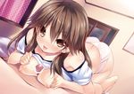  :p all_fours artist_request bar_censor bare_shoulders barefoot blush breasts brown_eyes brown_hair butt_crack censored curtains door earrings highres jewelry long_hair looking_at_viewer lying_on_person medium_breasts nipples no_pants original paizuri panties penis pink_panties polka_dot solo_focus tongue tongue_out triangle! underwear 