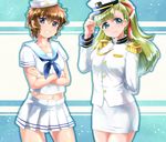  bad_id bad_pixiv_id blue_eyes brown_hair crossed_arms dixie_cup_hat epaulettes green_hair grin hair_ribbon hand_on_headwear hat head_tilt jenny_dolittle light_particles long_hair looking_at_viewer lynn_lambretta midriff military military_hat military_uniform miniskirt_pirates multiple_girls mutou_mato peaked_cap pencil_skirt pleated_skirt ribbon sailor short_hair skirt smile star starry_background striped striped_background uniform wide_ponytail 