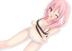  animal_ears blush breasts chimunge cleavage collarbone long_hair medium_breasts one_eye_closed open_mouth original panties pink_eyes pink_hair solo striped striped_panties underwear white_background 