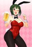  ;d alcohol alternate_costume animal_ears beer blush bow bowtie breasts bunny_ears bunny_tail bunnysuit cleavage cup detached_collar green_hair highres idolmaster idolmaster_(classic) large_breasts md5_mismatch mole mole_under_mouth mug one_eye_closed open_mouth otonashi_kotori pantyhose red_eyes short_hair smile solo tail tsurui wrist_cuffs 
