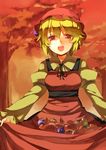  aki_minoriko apple blonde_hair food fruit grapes hasebe_yuusaku hat long_sleeves open_mouth pear persimmon puffy_sleeves red_eyes short_hair skirt_basket solo touhou 