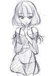  finger_to_mouth fringe_trim hirase_yuu idolmaster idolmaster_cinderella_girls looking_at_viewer mole mole_under_eye monochrome short_hair simple_background smile solo takagaki_kaede white_background 