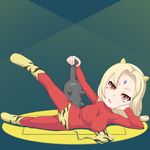  1girl blonde_hair bodysuit caryo chibi cosplay leg_lift lowres lying naruto naruto_sd:_rock_lee_no_seishun_full-power_ninden on_side oni red_oni skin_tight skintight solo tsunade 