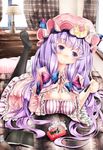  book breasts cleavage crescent curtains downblouse feet food hair_ribbon hat lamp large_breasts looking_at_viewer on_bed pantyhose patchouli_knowledge pillow pocky purple_eyes purple_hair ribbon smile solo sugiyuu touhou 