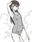  black_hair breasts eyepatch eyepatch_removed greyscale heterochromia long_hair medium_breasts monochrome one-piece_swimsuit sakamoto_mio school_swimsuit shibasaki_shouji solo steam strike_witches swimsuit wet world_witches_series 