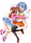  bad_id bad_pixiv_id black_legwear blue_hair blush brown_hair green_eyes hair_ribbon hairband hug jewelpet_(series) jewelpet_twinkle long_hair multiple_girls open_mouth red_eyes ribbon sakura_akari sara_(jewelpet_twinkle) short_hair side_ponytail skirt smile thighhighs yuu_(derodero) 