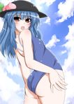  ass bare_shoulders blue_hair flat_chest food from_below fruit hat hinanawi_tenshi long_hair looking_at_viewer masiromu one-piece_swimsuit peach red_eyes solo swimsuit touhou 