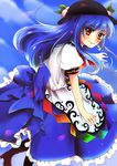  apron blue_hair boots cross-laced_footwear day food fruit hat highres hinanawi_tenshi lace-up_boots long_hair looking_at_viewer peach red_eyes short_sleeves sky smile solo touhou yrzirst 