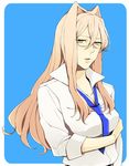  1girl animal_ears belt blue_background breasts brown_eyes brown_hair cat_ears glasses long_hair lowres necktie open_mouth presa_(tales) preza tales_of_(series) tales_of_xillia 