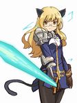  animal_ears armor bad_id bad_pixiv_id blonde_hair electricity gauntlets glasses gloves long_hair military military_uniform pantyhose perrine_h_clostermann shibasaki_shouji solo strike_witches sword tail uniform weapon world_witches_series yellow_eyes 