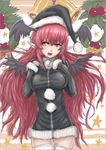  alternate_costume bell demon_wings hat koakuma long_hair long_sleeves open_mouth panzer pointy_ears red_eyes red_hair santa_hat solo star sweater thighhighs touhou wings 