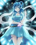  blue_eyes blue_hair breasts cleavage dress flower hair_ornament hair_rings hair_stick kaku_seiga medium_breasts mei_luo ofuda shawl short_hair short_sleeves solo touhou vest 