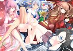  barefoot black_hair blue_eyes blue_hair blush breasts brown_eyes brown_hair flat_chest flower glasses highres japanese_clothes kimono leaf long_hair looking_at_viewer lying multiple_girls on_back on_stomach original pink_eyes pink_hair smile sukage 