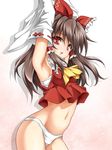  arched_back armpits arms_up belly blush bow brown_hair detached_sleeves groin hair_bow hair_tubes hakurei_reimu hips long_hair looking_at_viewer navel no_pants open_mouth panties red_eyes roura sarashi solo touhou underwear white_background white_panties wide_sleeves 