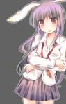  animal_ears blush bunny_ears carrot grey_background long_hair long_sleeves open_mouth purple_hair red_eyes reisen_udongein_inaba remon_(t_drop) solo touhou 