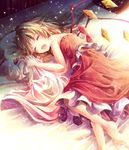  :d ^_^ barefoot blonde_hair closed_eyes flandre_scarlet light_particles lying niichi_(komorebi-palette) on_side open_mouth pillow smile solo sunlight touhou wings 