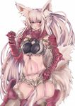  abs animal_ears armor blush breasts cleavage garter_belt large_breasts long_hair multiple_tails navel original panzer red_eyes silver_hair solo tail vambraces very_long_hair white_background 